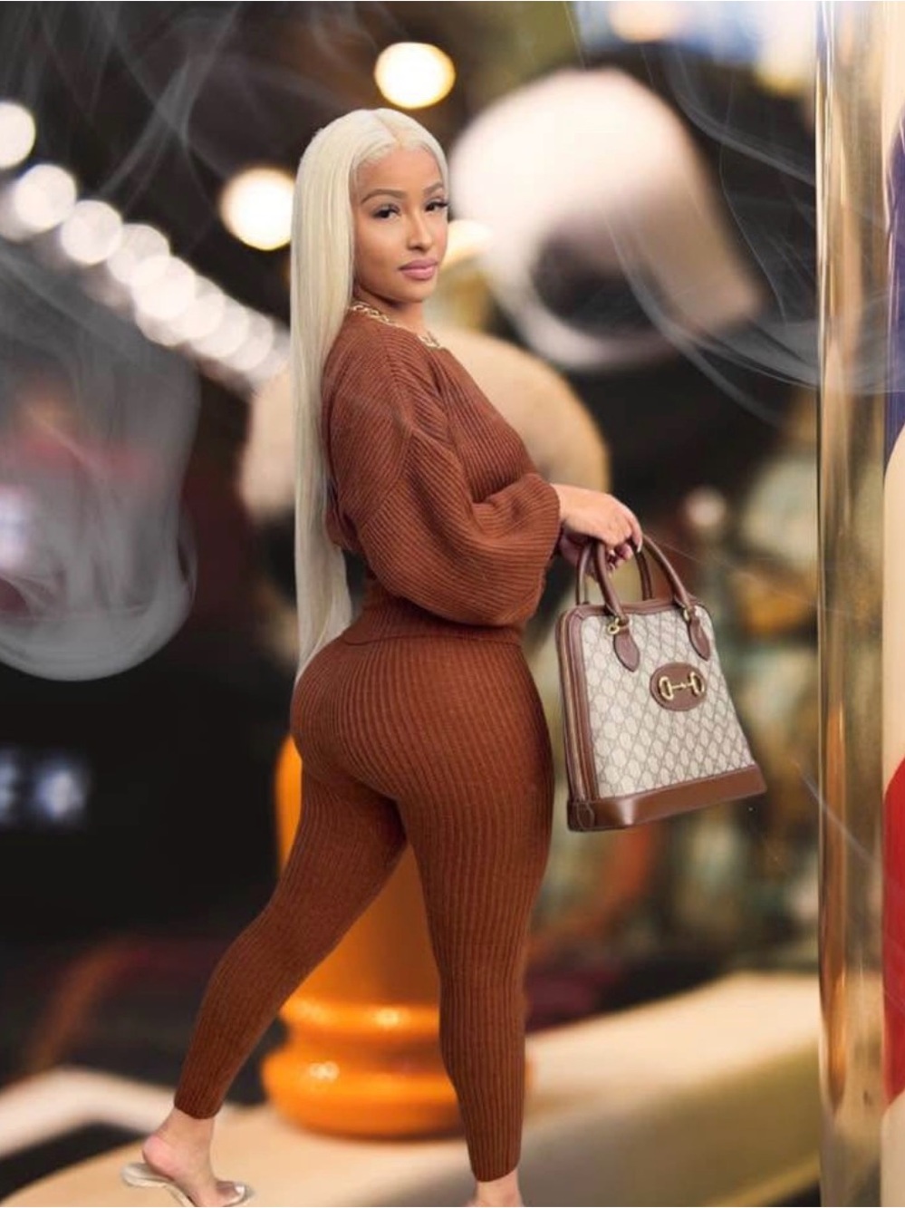 Ribbed High-Waist Leggings & Pullover Set in Brown